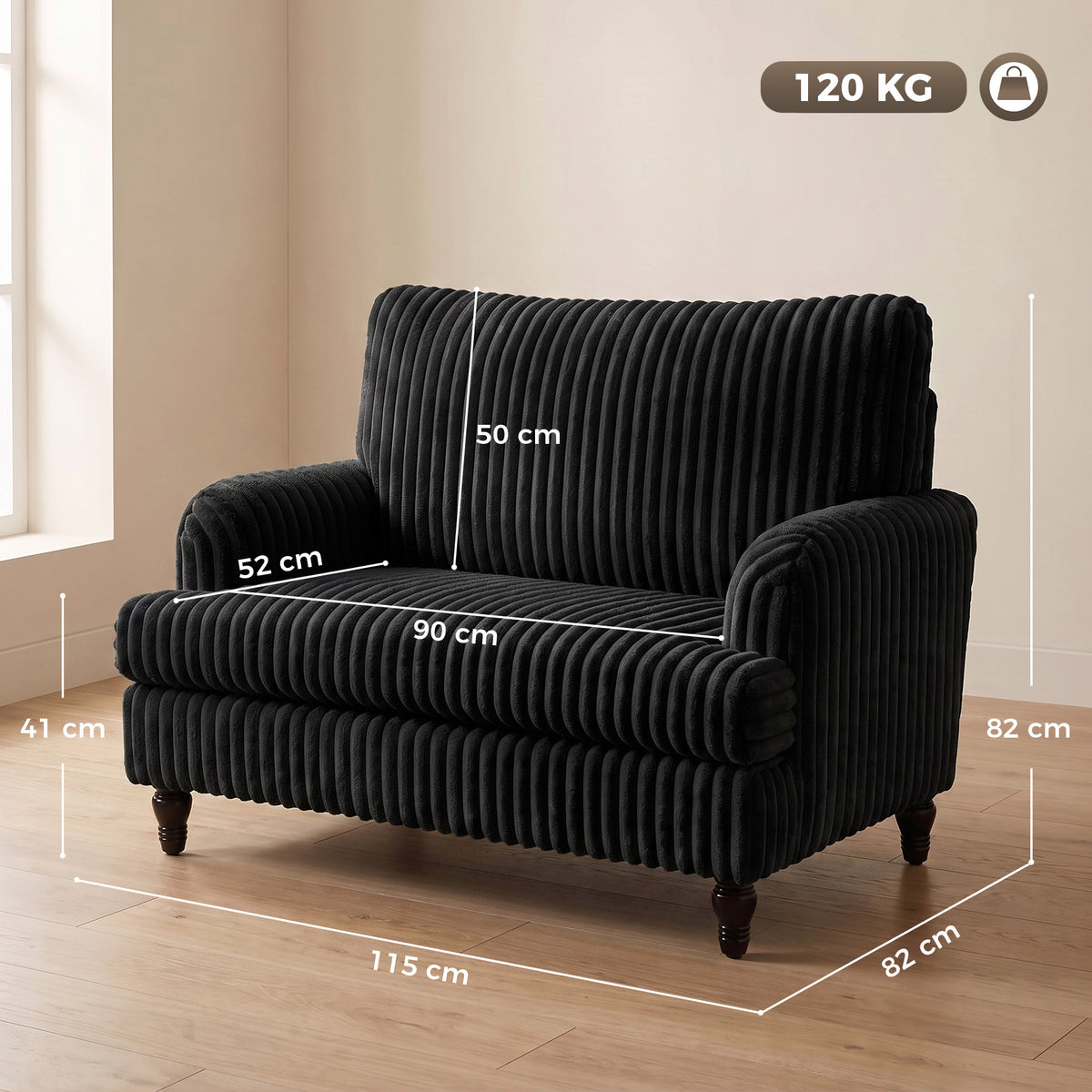 Black corduroy accent armchair with wide seat and tall back, rolled arms