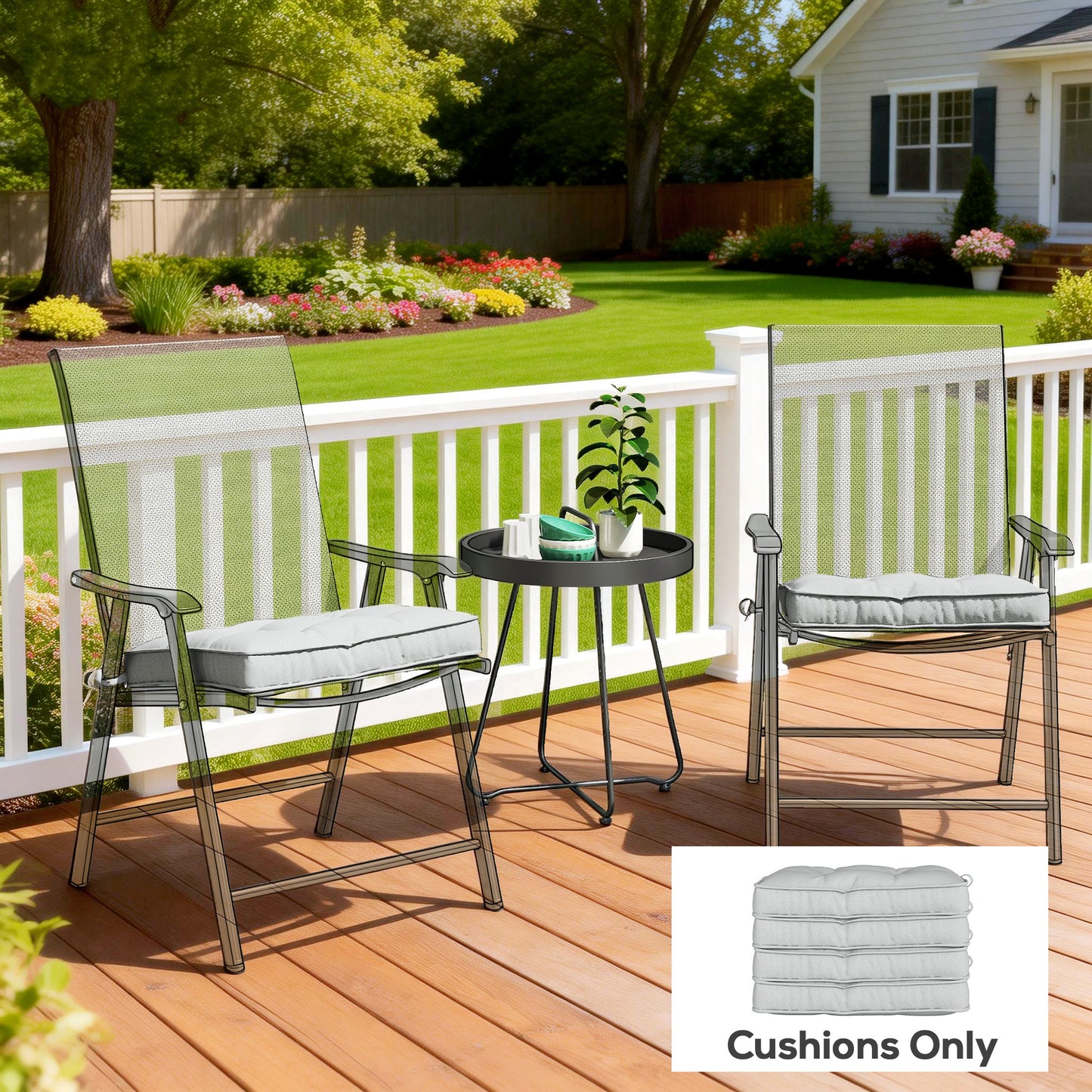 Outsunny Set of 4 Garden Chair Seat Cushions With Ties 42 x 42 cm Light Grey Replacement Pads