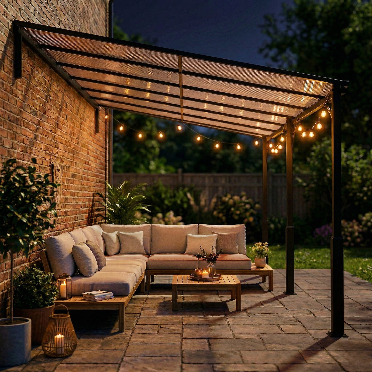 Outsunny 4 x 3 m Wall Mounted Lean To Pergola with Polycarbonate Roof and Aluminium Frame Brown Outdoor Patio Gazebo