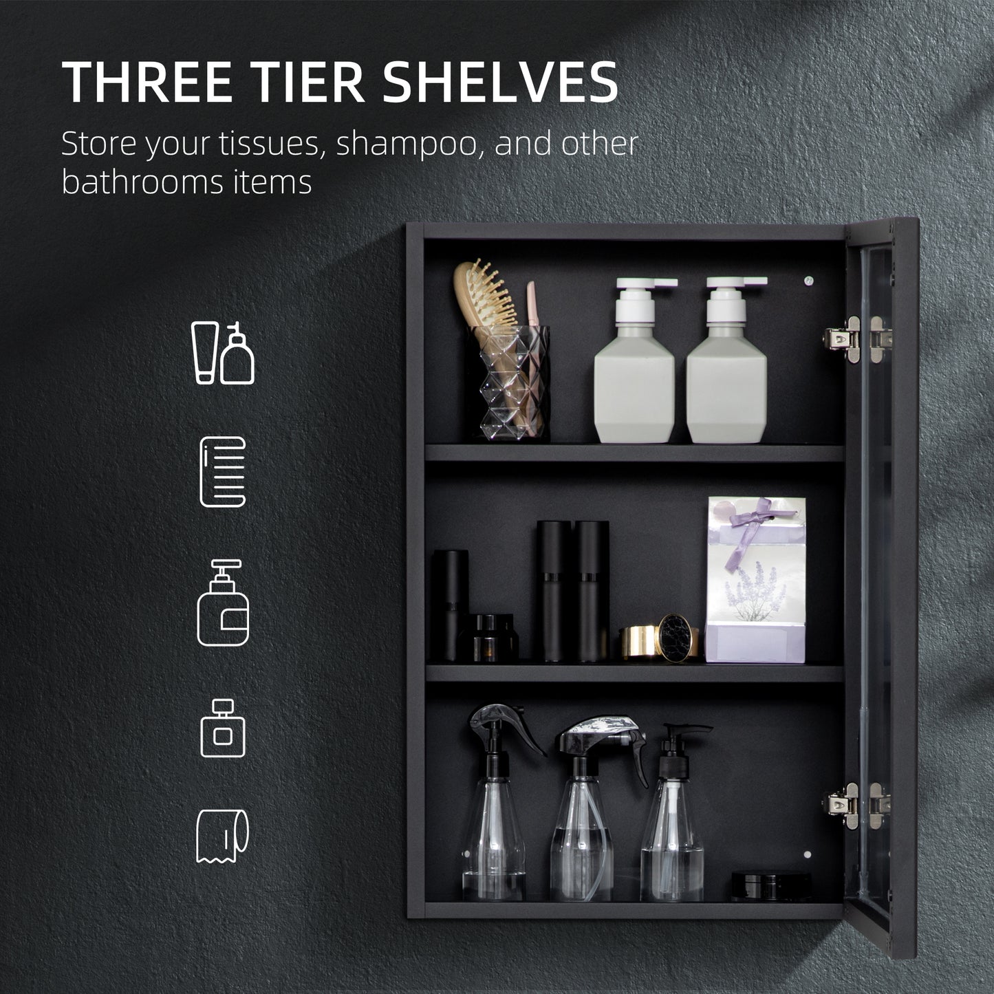 Kleankin Wall Mounted Bathroom Cabinet With Mirror And Storage Shelves Black 40 x 12 x 60 cm Soft Close