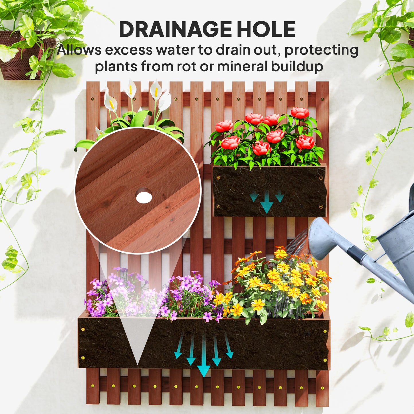 Outsunny Wall Mounted Wooden Garden Planter with Trellis and Drainage Holes Three Planter Boxes for Patio Brown