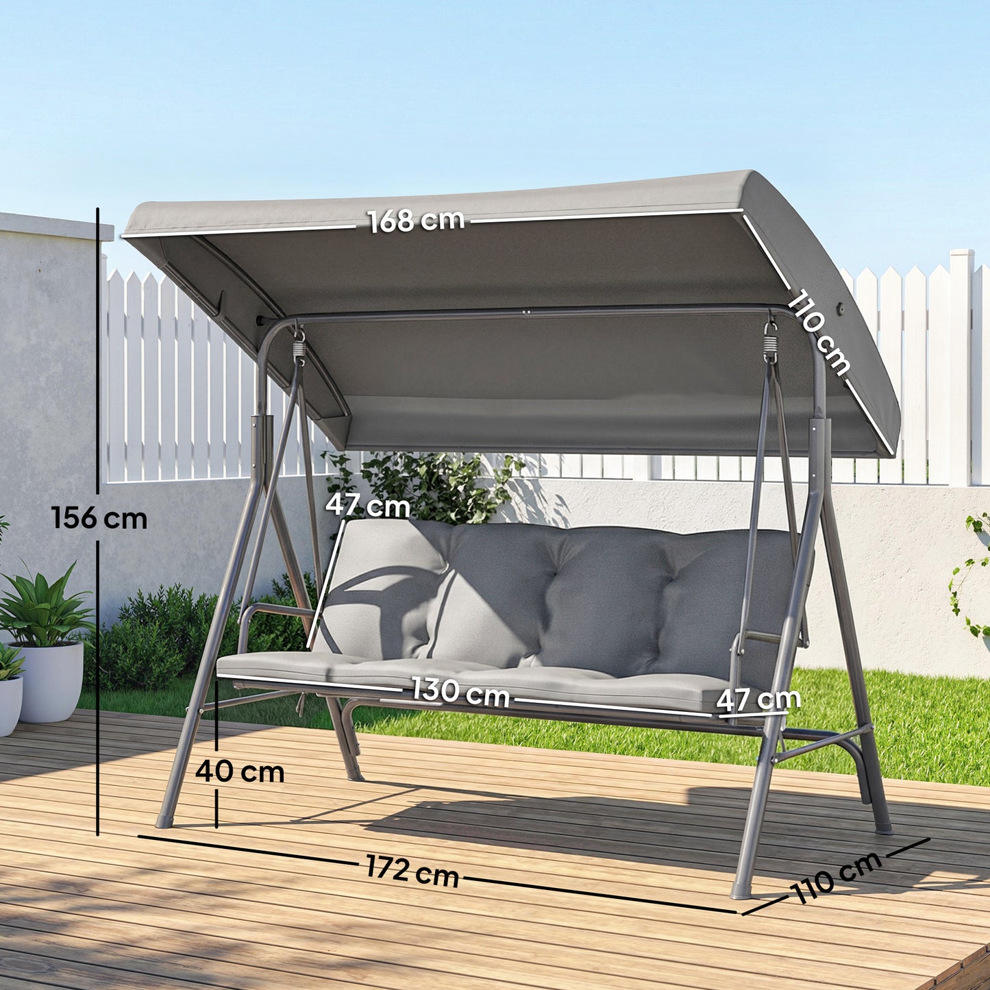 Outsunny 3 Seater Garden Swing Chair Tilting Canopy Patio Rocking Bench Steel Frame Removable Cushions Dark Grey