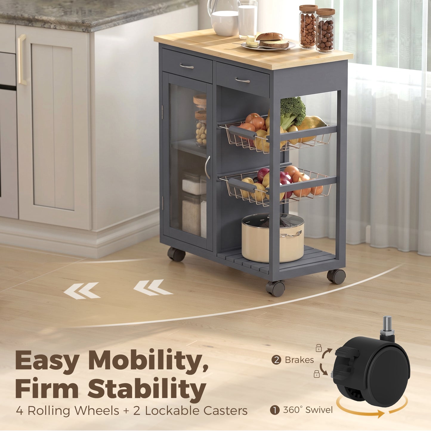 HOMCOM Bamboo Kitchen Island Rolling Trolley With Glass Door And Two Metal Wire Baskets Adjustable Shelf Grey