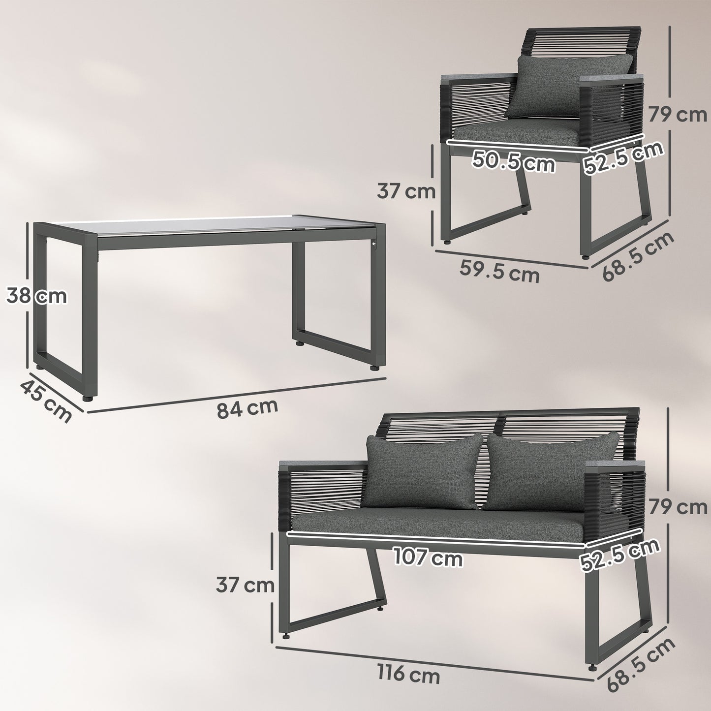 Outsunny Four Piece Rattan Garden Furniture Set Charcoal Grey Outdoor Patio With Coffee Table Wood Top