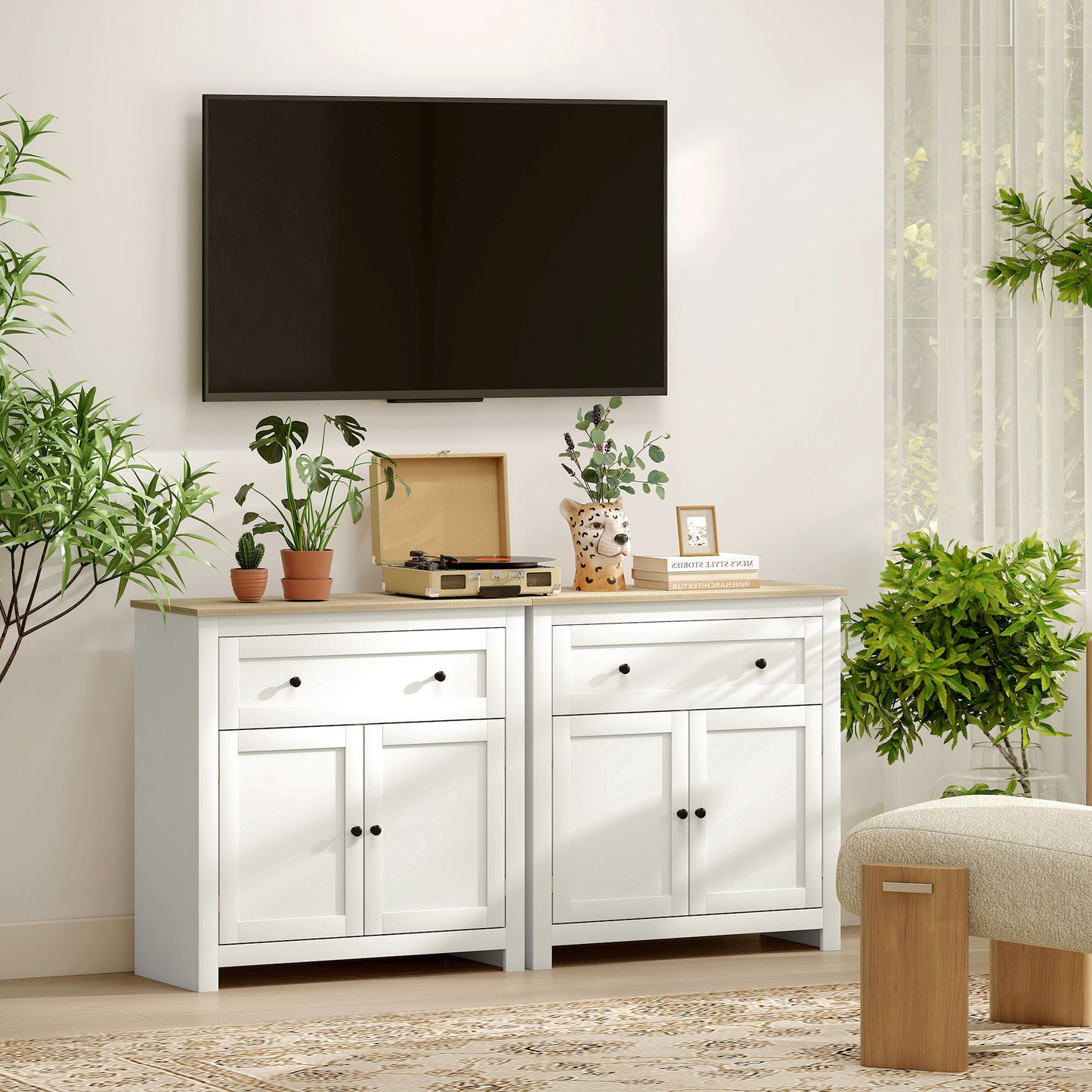 HOMCOM Cream White Sideboard Storage Cabinet With Adjustable Shelf Drawer And Double Doors For Kitchen Dining Living