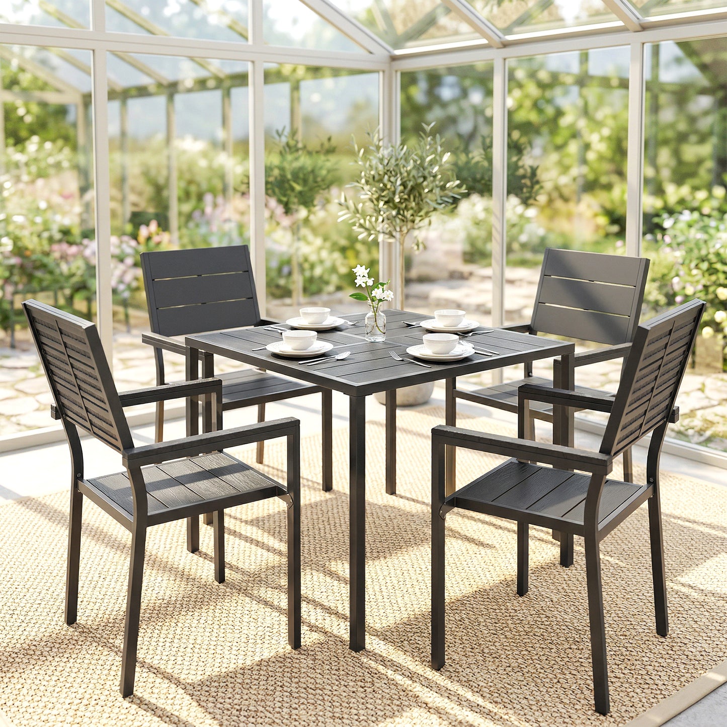 Outsunny 5 Piece Garden Dining Set For 4 With Square HDPE Table And Armchairs Black Outdoor Patio