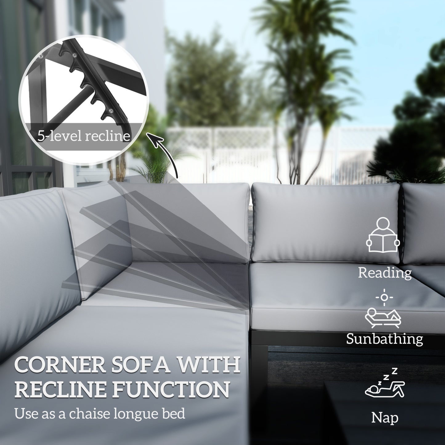 Outsunny 4 Piece Set With 5 Level Reclining Corner Sofa Cushions Wood Effect Table Black Frame Light Grey