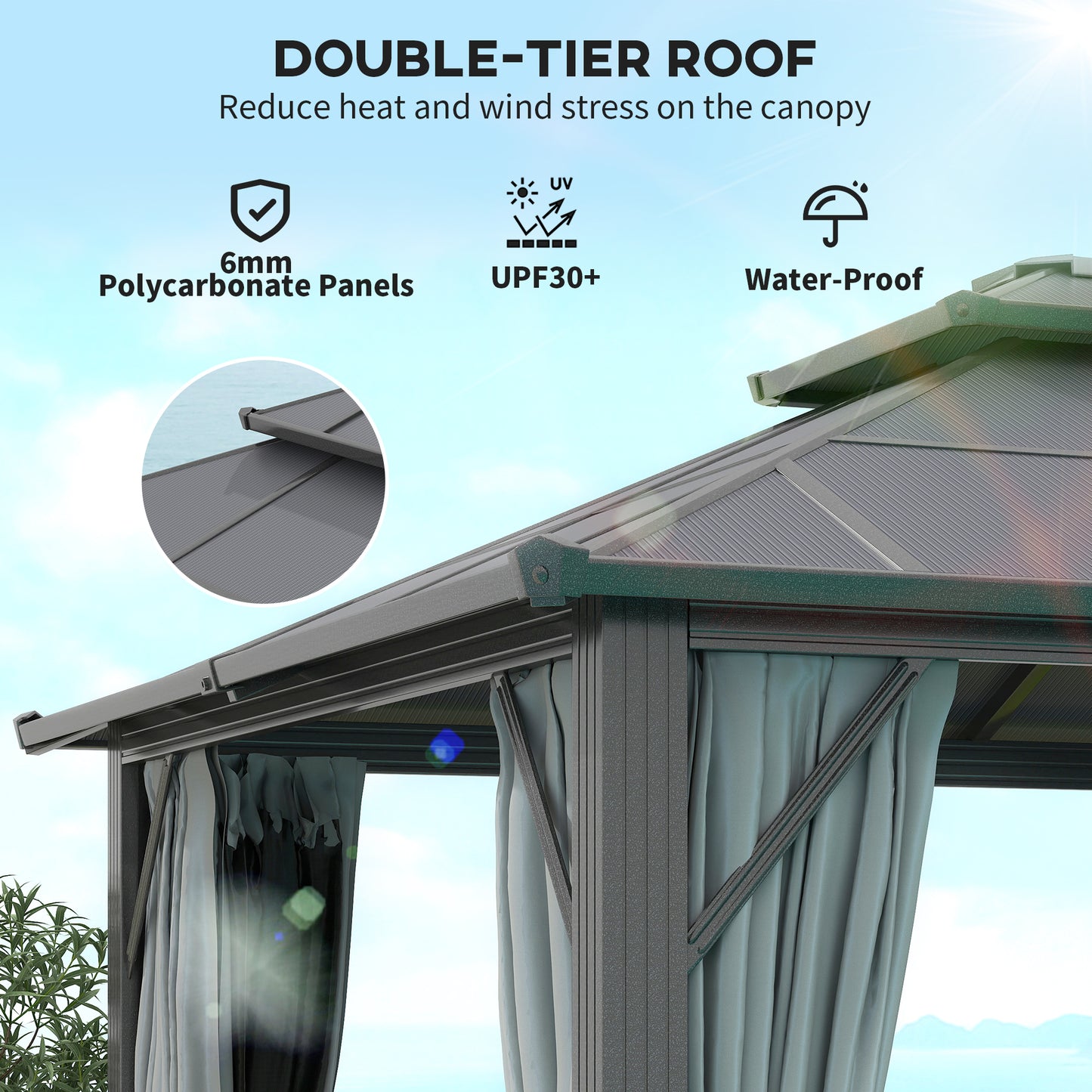 Outsunny 3x4m Hardtop Gazebo UPF30 Double Polycarbonate Roof Aluminum Frame Mosquito Netting Curtains Grey