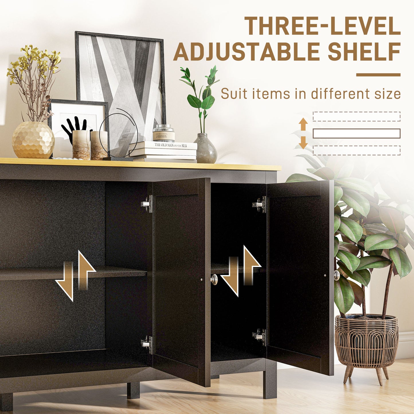 HOMCOM Sideboard Buffet Cabinet With Doors And Adjustable Shelves Black And Natural Wood Finish