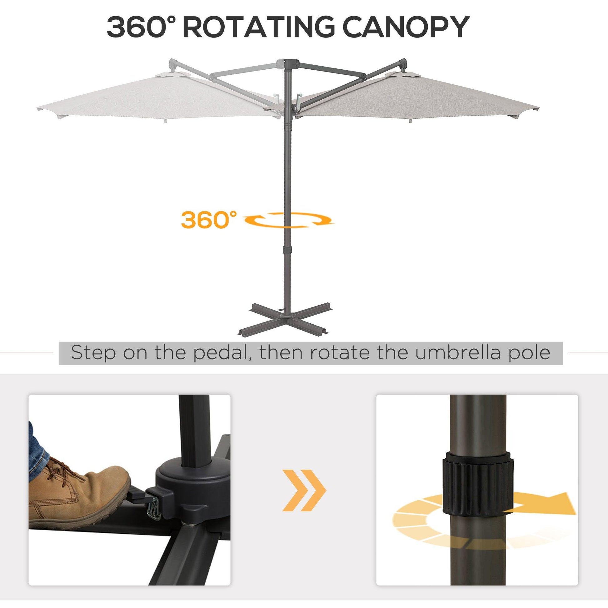 Outsunny 3 m Cantilever Banana Parasol with Cross Base, 360Â° Rotation Patio Umbrella with Crank Handle, Tilt, Light Grey - ALL4U RETAILER LTD