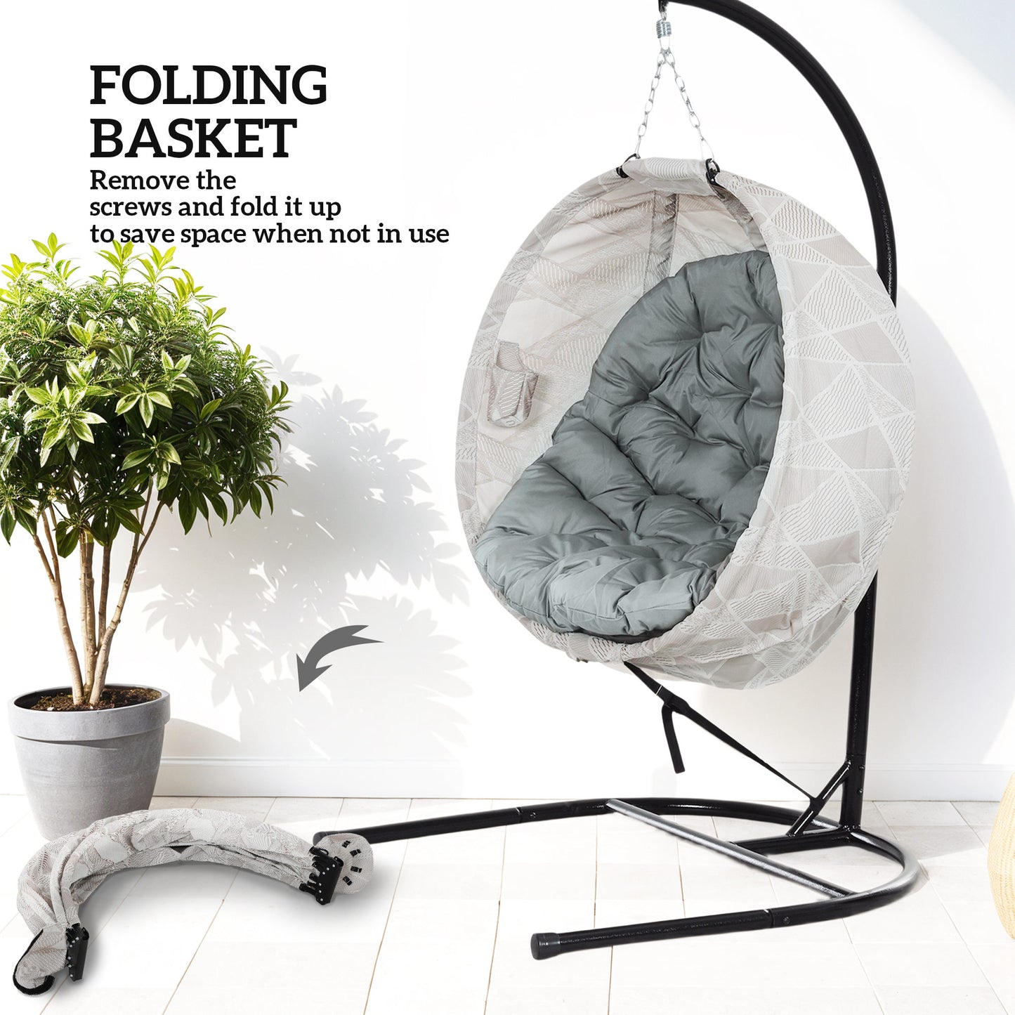 Outsunny Hanging Egg Chair With Stand Folding Basket Thickened Cushion Cup Holder For Patio Balcony Outdoor Grey