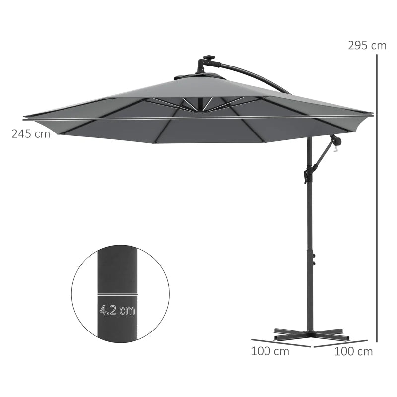 Outsunny 3m Grey Cantilever Parasol with Solar LED Lights - Garden Umbrella with Cross Base, Crank Handle, and Hanging Offset Banana Sun Shade for Patio and Outdoor Use - ALL4U RETAILER LTD