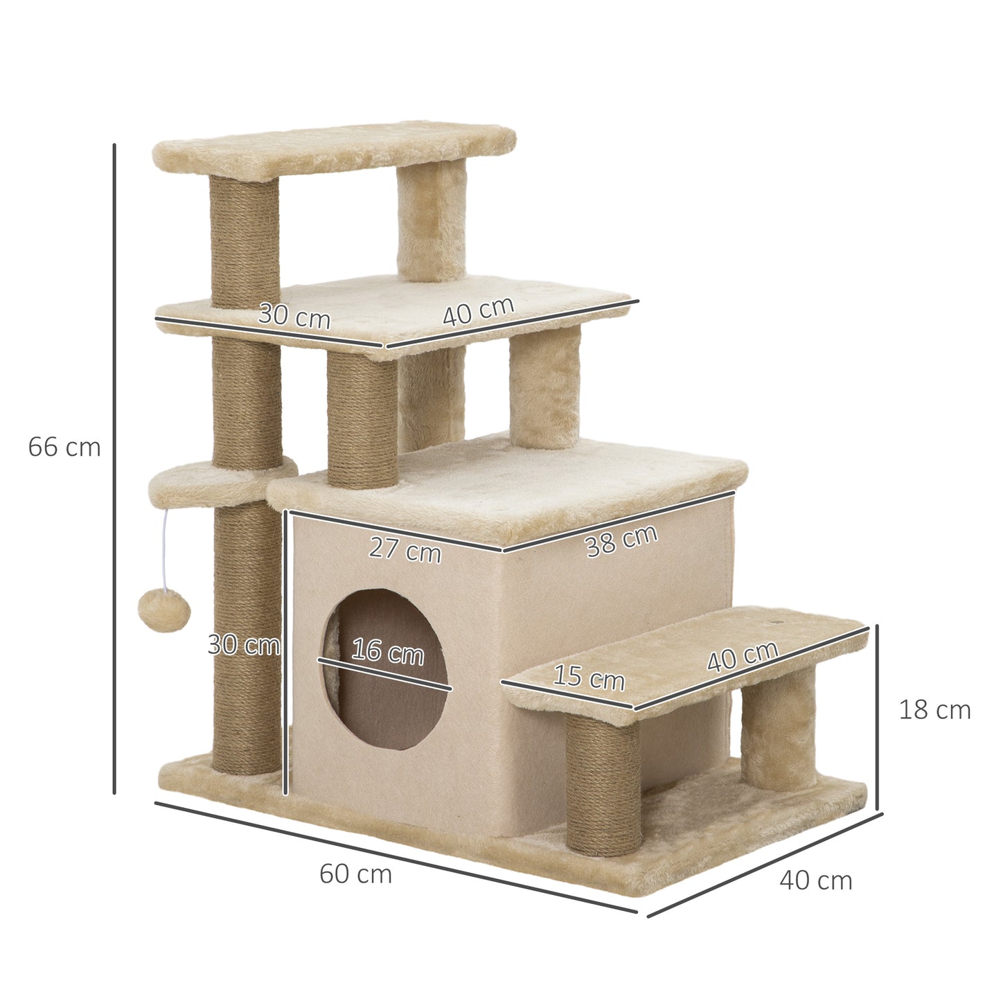 PawHut Adjustable Pet Stairs with Cozy Condo and Playful Hanging Ball - Beige