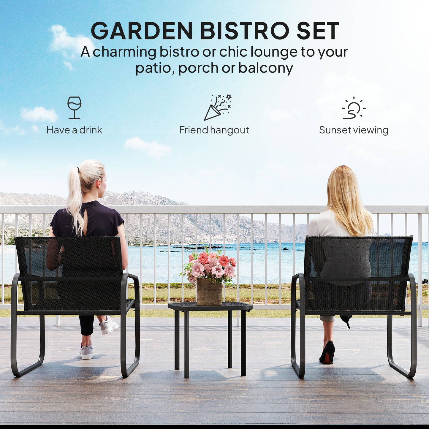 Outsunny Three Piece Garden Seating Set With Square Glass Top Table Two Armchairs Black Powder Coated Steel