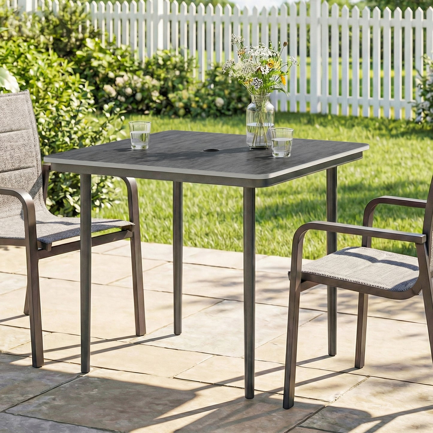 Outsunny 85 cm Square Garden Dining Table for 4 with Umbrella Hole Faux Wood Top Metal Legs Dark Grey
