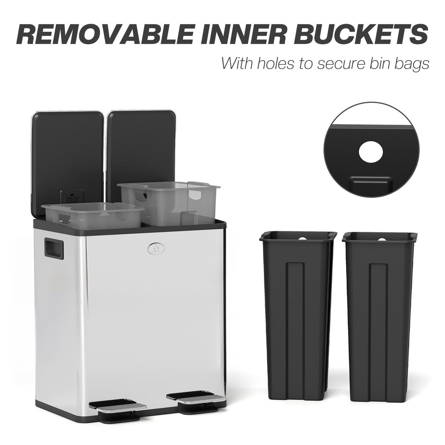 Homcom 40L Dual Compartment Stainless Steel Bin With Deodoriser Holders Silver Tone Kitchen Waste Bin