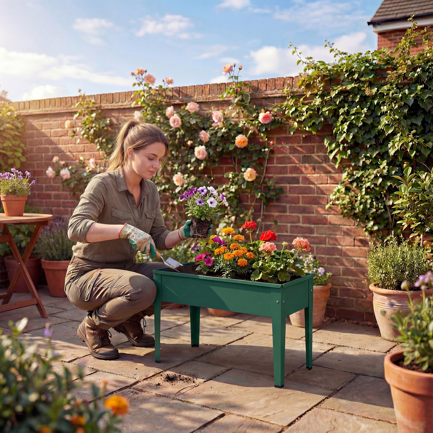 Outsunny Raised Planter Garden Bed On Legs With Drainage Hole Powder Coated Metal 20 Kg Capacity Green