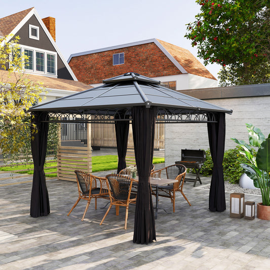 Outsunny 3x3m Outdoor Polycarbonate Gazebo With Double Roof Hard Top Nettings Curtains And Galvanised Steel Frame