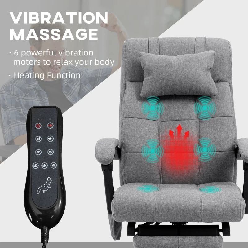 Vinsetto Fabric Vibration Massage Office Chair - Grey Computer Chair with Heat, Head Pillow, Footrest, Armrest, Reclining Back - ALL4U RETAILER LTD