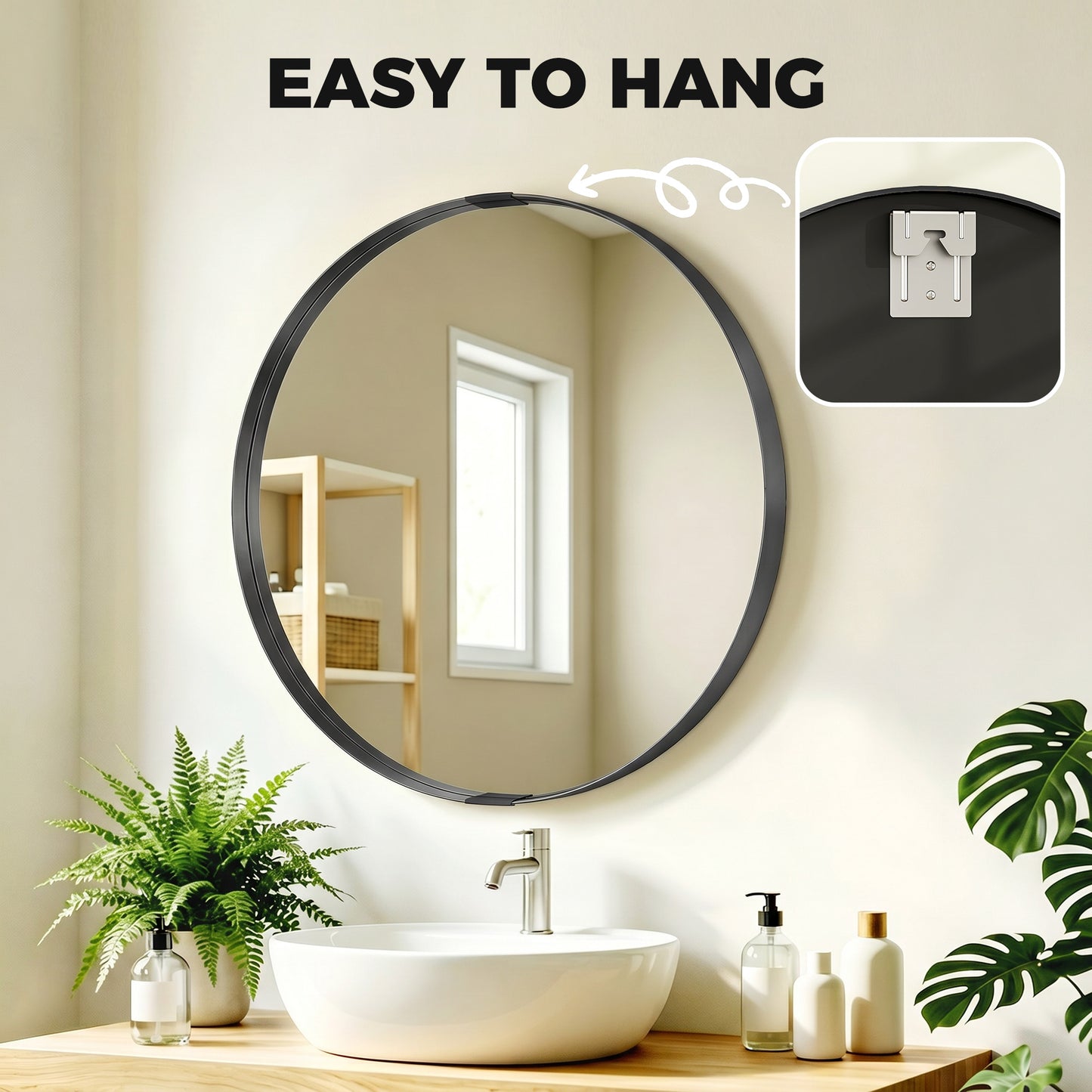 HOMCOM Round Wall Mirror 61 Cm Black Aluminium Alloy Frame Wall Mounted Bathroom Mirror With Tempered Safety Glass