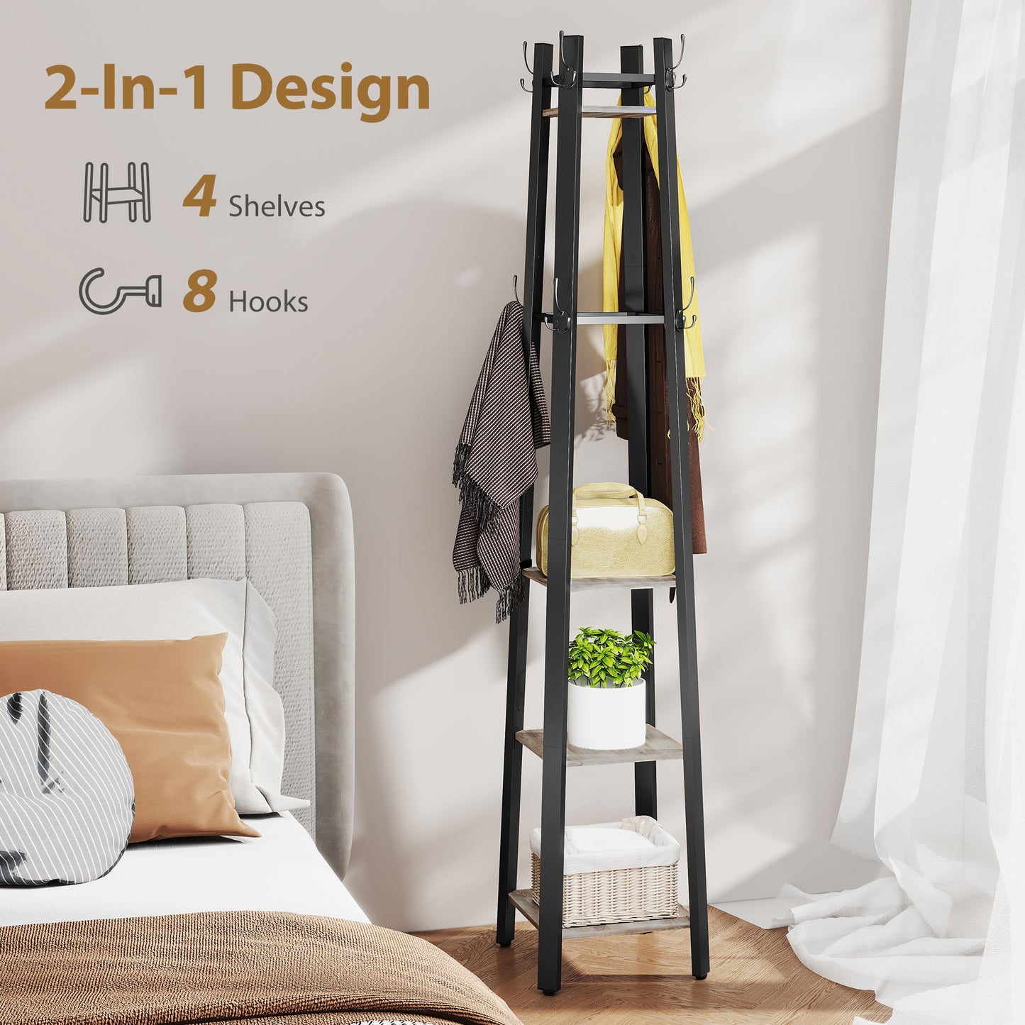 HOMCOM Industrial-Style Four-Shelf Coat Stand With Eight Triple-Prong Hooks In Grey And Black