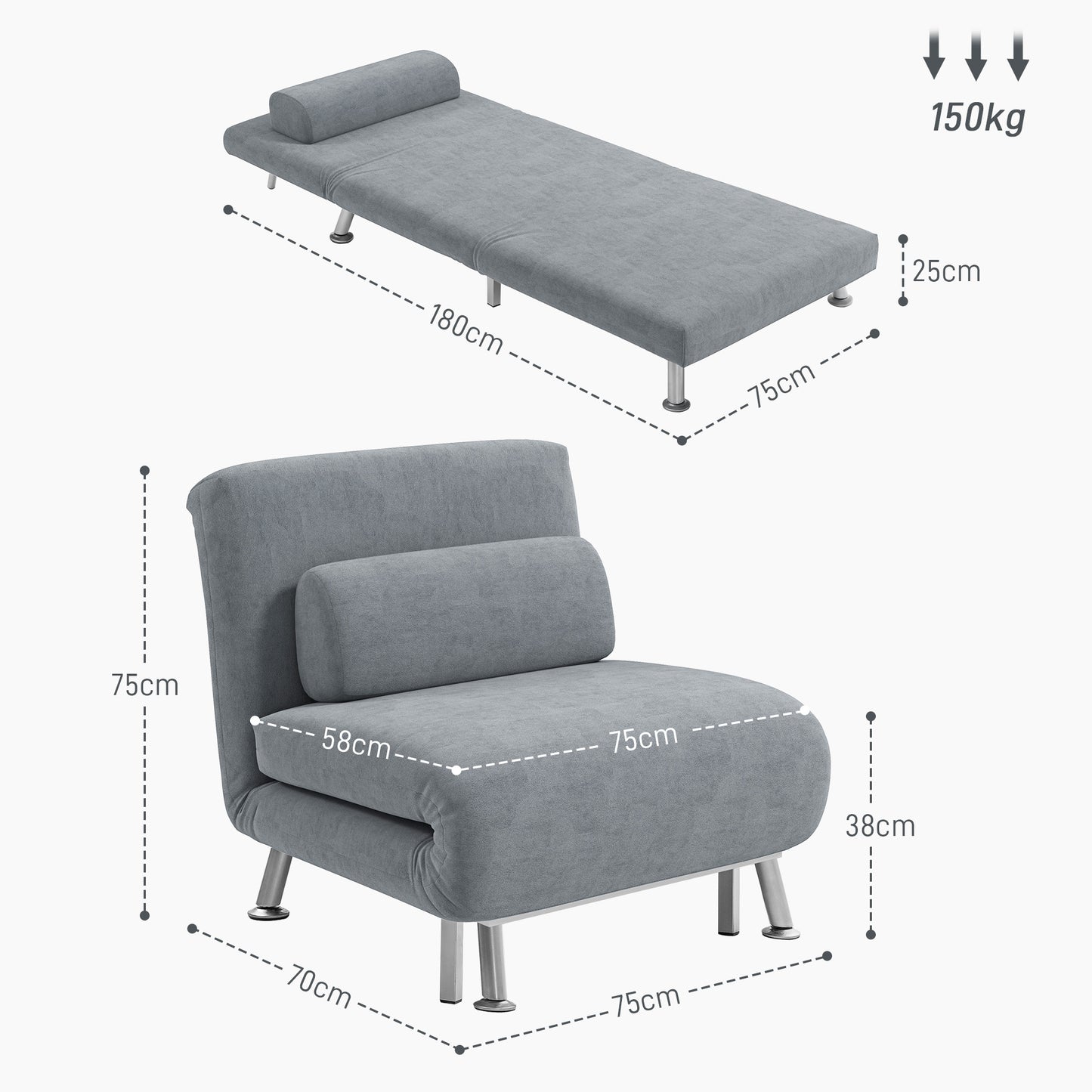 HOMCOM Velvet Feel Sleeper Chair Grey 3 In 1 Chair To Chaise And Sleeper Bed With Adjustable Backrest 90 To 180 Degrees