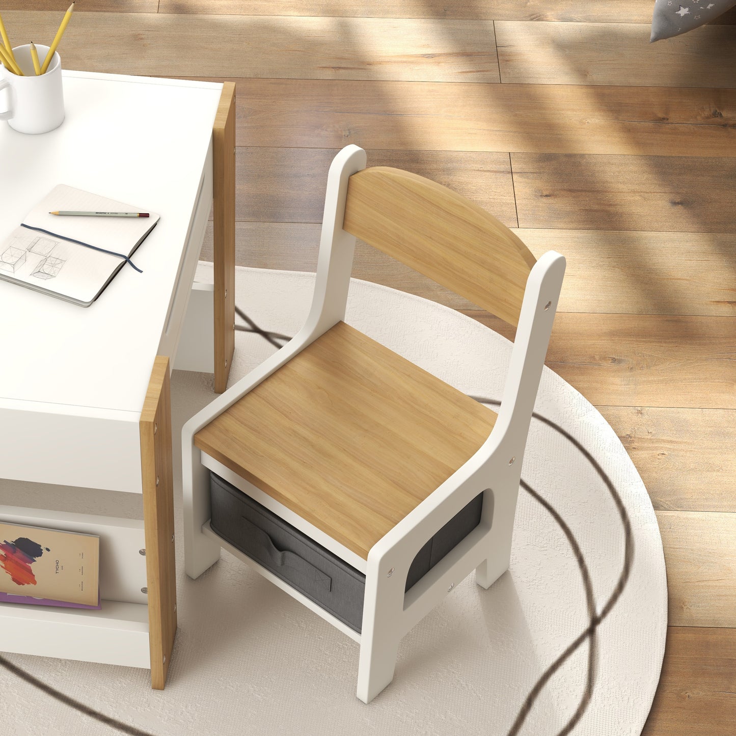 HOMCOM Three Piece Kids Table And Chair Set With Blackboard, Storage, And Bookshelves In Natural Wood