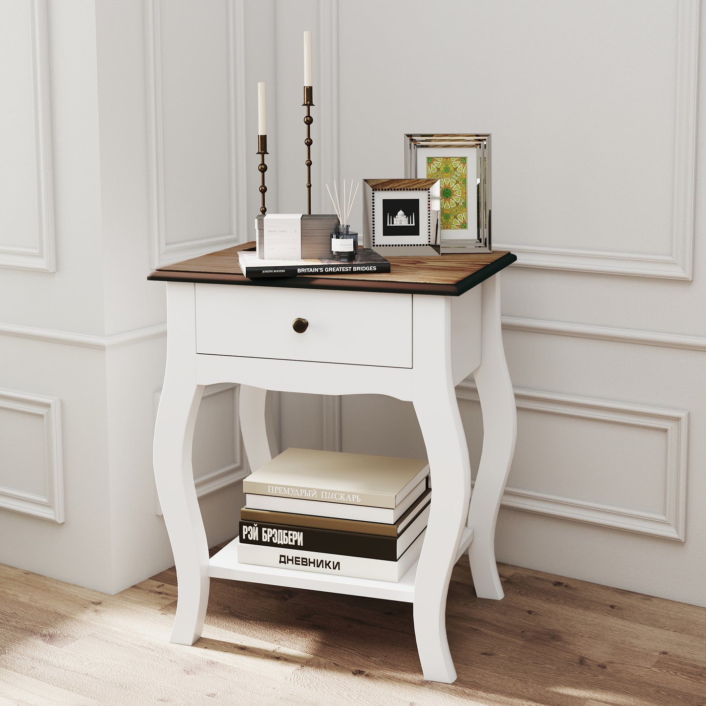 HOMCOM Two Piece Bedside Tables With Drawer In French Style With Open Shelf White Bedroom Nightstands