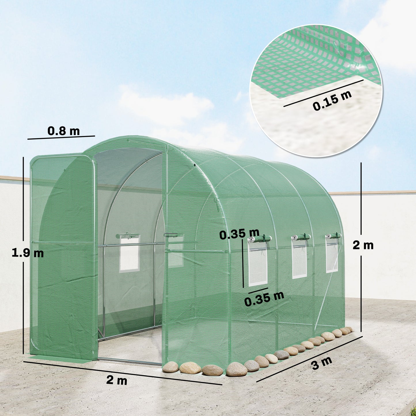 Outsunny 2 x 3 m Walk In Polytunnel Greenhouse With Hinged Door And 6 Roll Up Mesh Windows Garden Tunnel Green