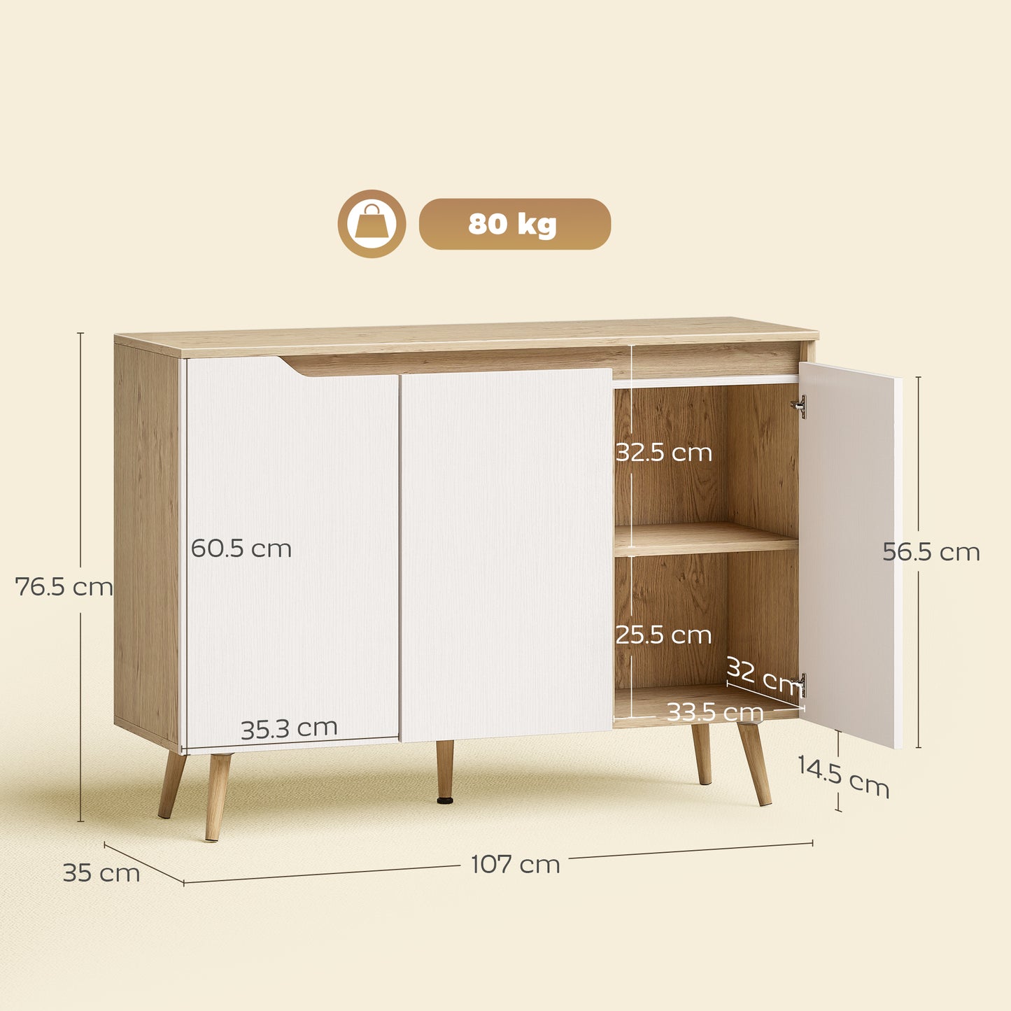 HOMCOM Sideboard Storage Cabinet Kitchen Cupboard With Three Doors And Two Adjustable Shelves White And Oak Finish