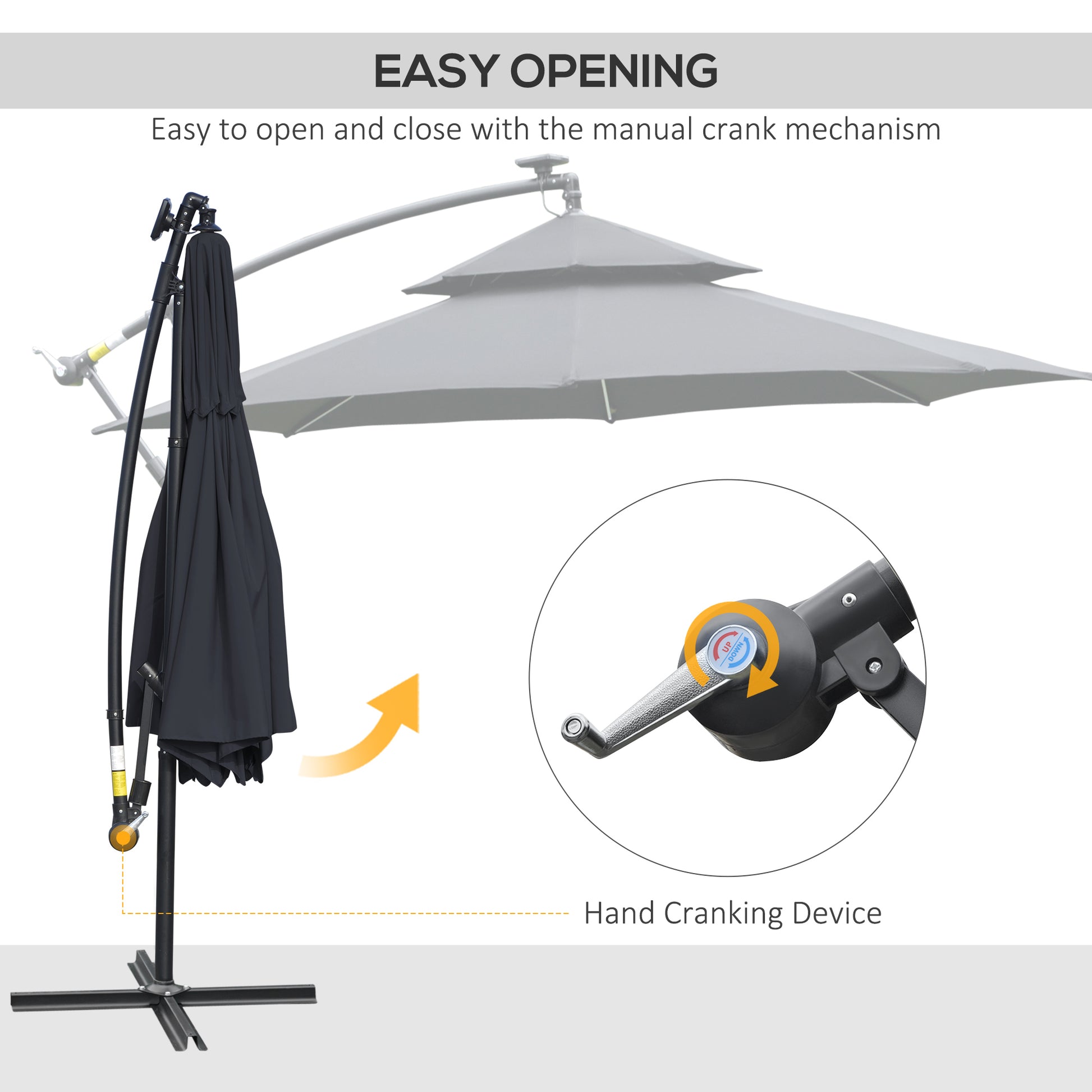 Outsunny 3m Cantilever Hanging Umbrella with Solar LED Lights, Crank Handle, and Adjustable Double Roof, Black - ALL4U RETAILER LTD