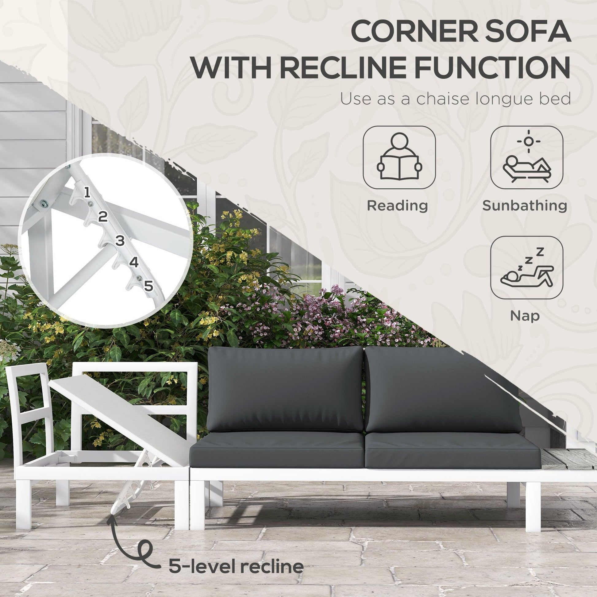 Outsunny 4 Pcs Patio Garden Set w/ 5-Level Recline Corner Sofa, Garden Lounge Sectional Conversation Sofa Set w/ Cushions, Coffee Table, White - ALL4U RETAILER LTD