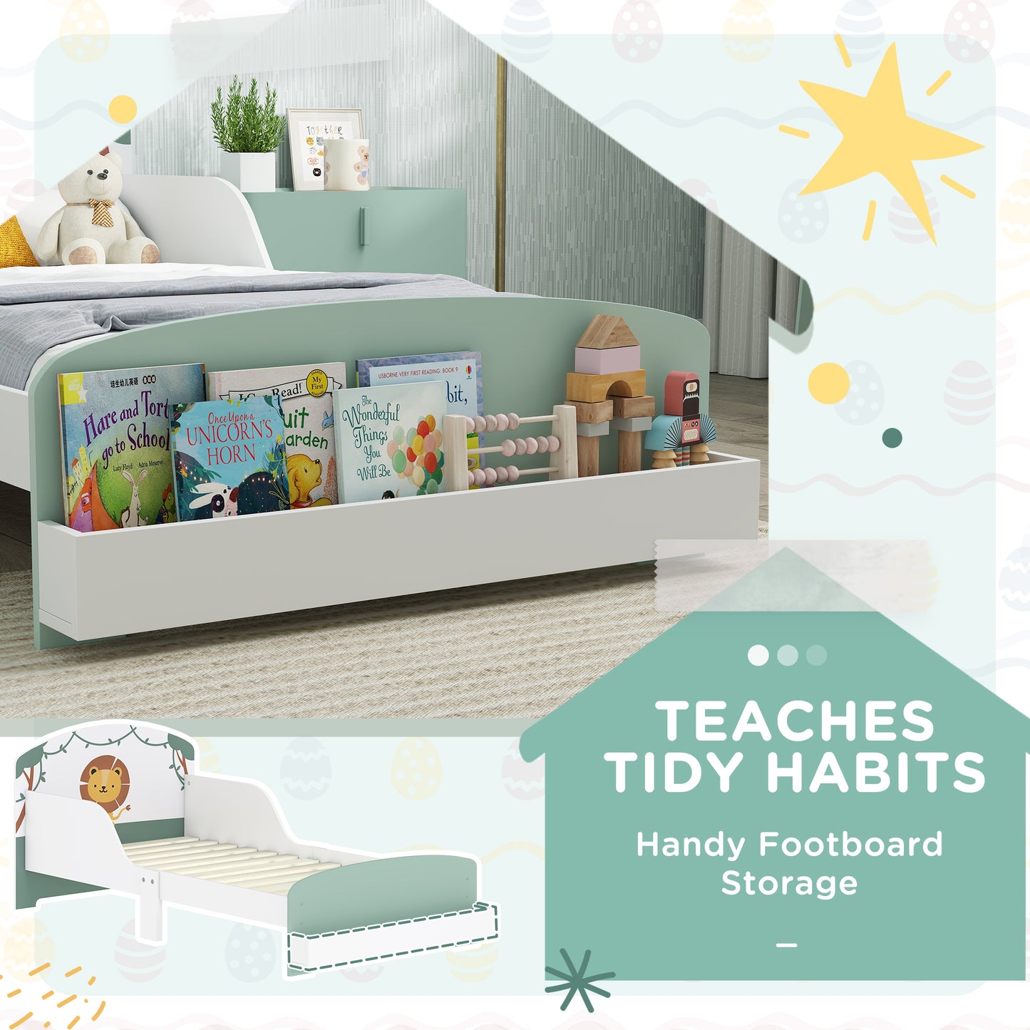 AIYAPLAY Toddler Bed With Storage And Guardrails Lion Design Fits 140 X 70cm Mattress Green Ages 3-8