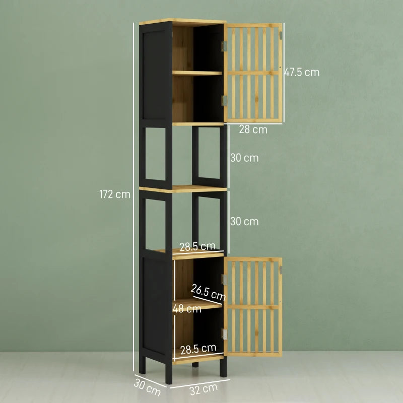 HOMCOM Bamboo-Blend Retro Cut-Out Tall Bathroom Storage Cabinet - ALL4U RETAILER LTD