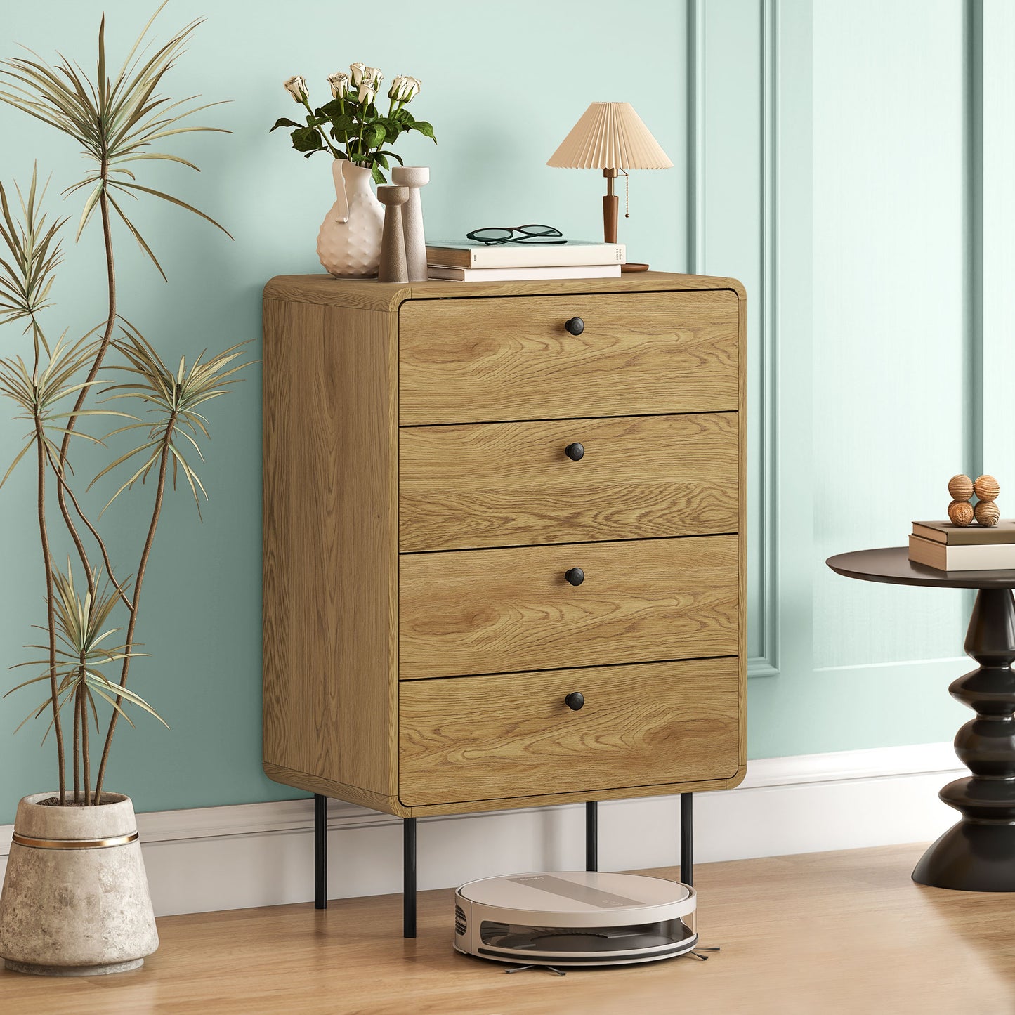 HOMCOM Modern Chest Of Drawers With Four Drawers Oak Finish Rounded Edges And Smooth Handles