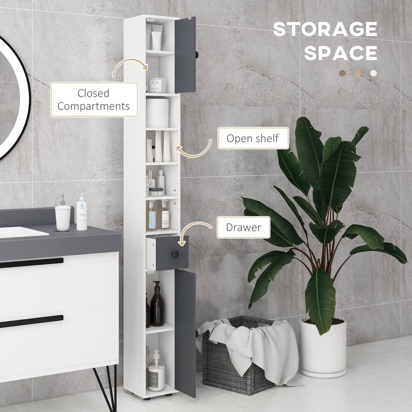 Kleankin Slim 180cm Tall Bathroom Storage Cabinet with Adjustable Shelves and Open Shelves - ALL4U RETAILER LTD