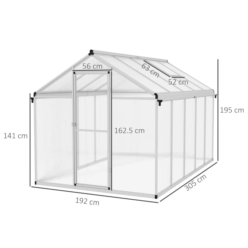 Outsunny 10x6ft Aluminium Frame Walk-In Greenhouse with Foundation Base - Gardening Plant House for Outdoor Growing - ALL4U RETAILER LTD