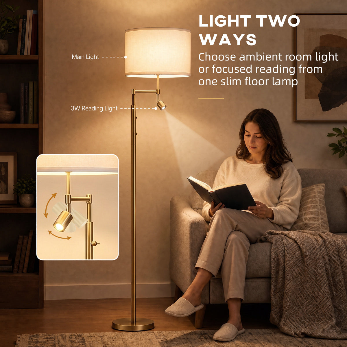 Homcom Modern Floor Lamp With Copper Finish And Built In Reading Light