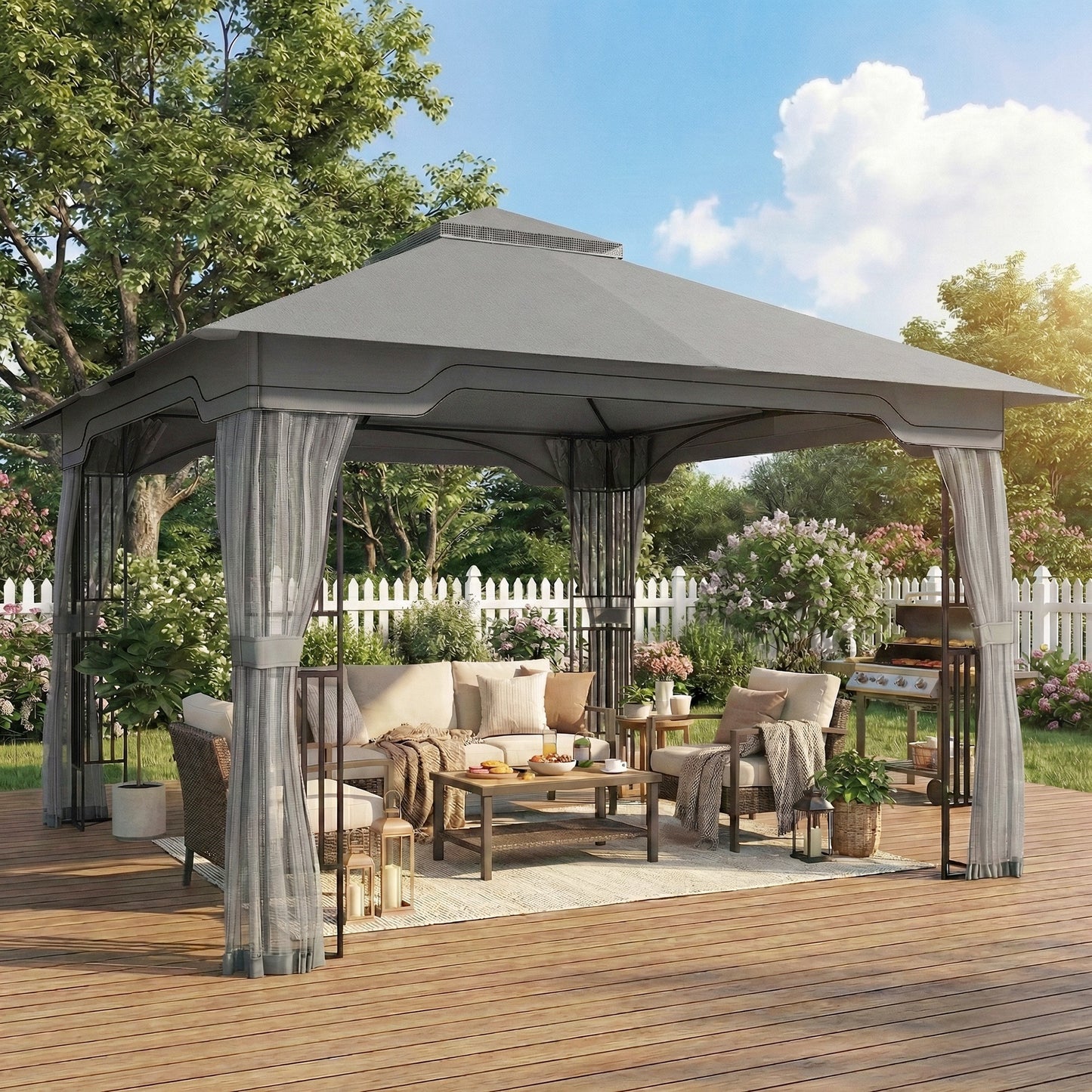 Outsunny 3.3 x 3.3 m Outdoor Garden Gazebo with Post Shelves UPF50 Plus Patio Pavilion Dark Grey