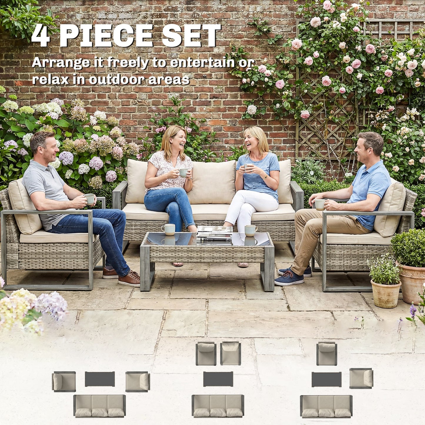 Outsunny 4 Piece Rattan Garden Furniture Set 3 Seater Sofa Armchairs Table Aluminium Frame Patio Conversation Khaki