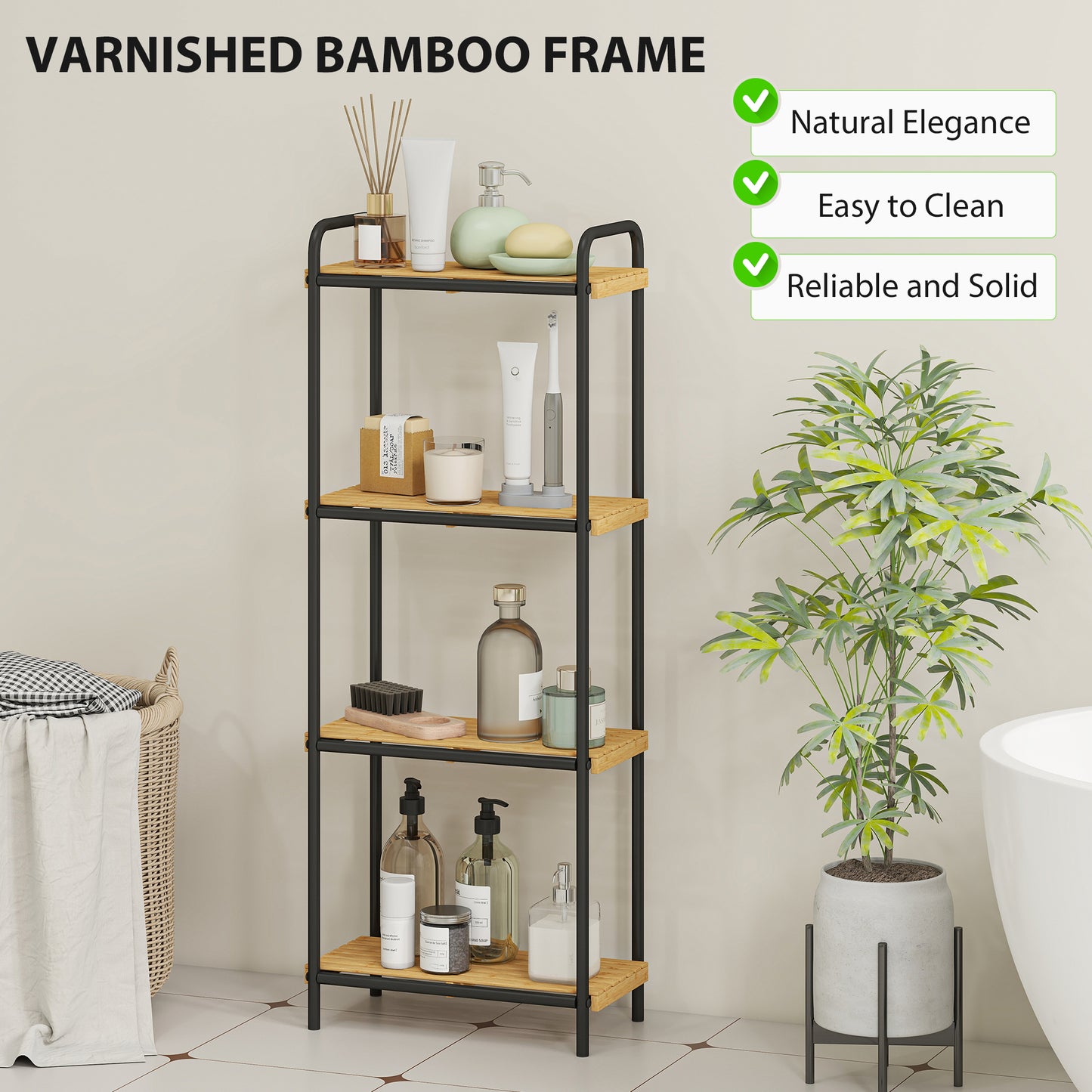 HOMCOM 4 Tier Bamboo Bathroom Storage Shelf Freestanding Narrow Shelving Unit With Slatted Shelves For Kitchen