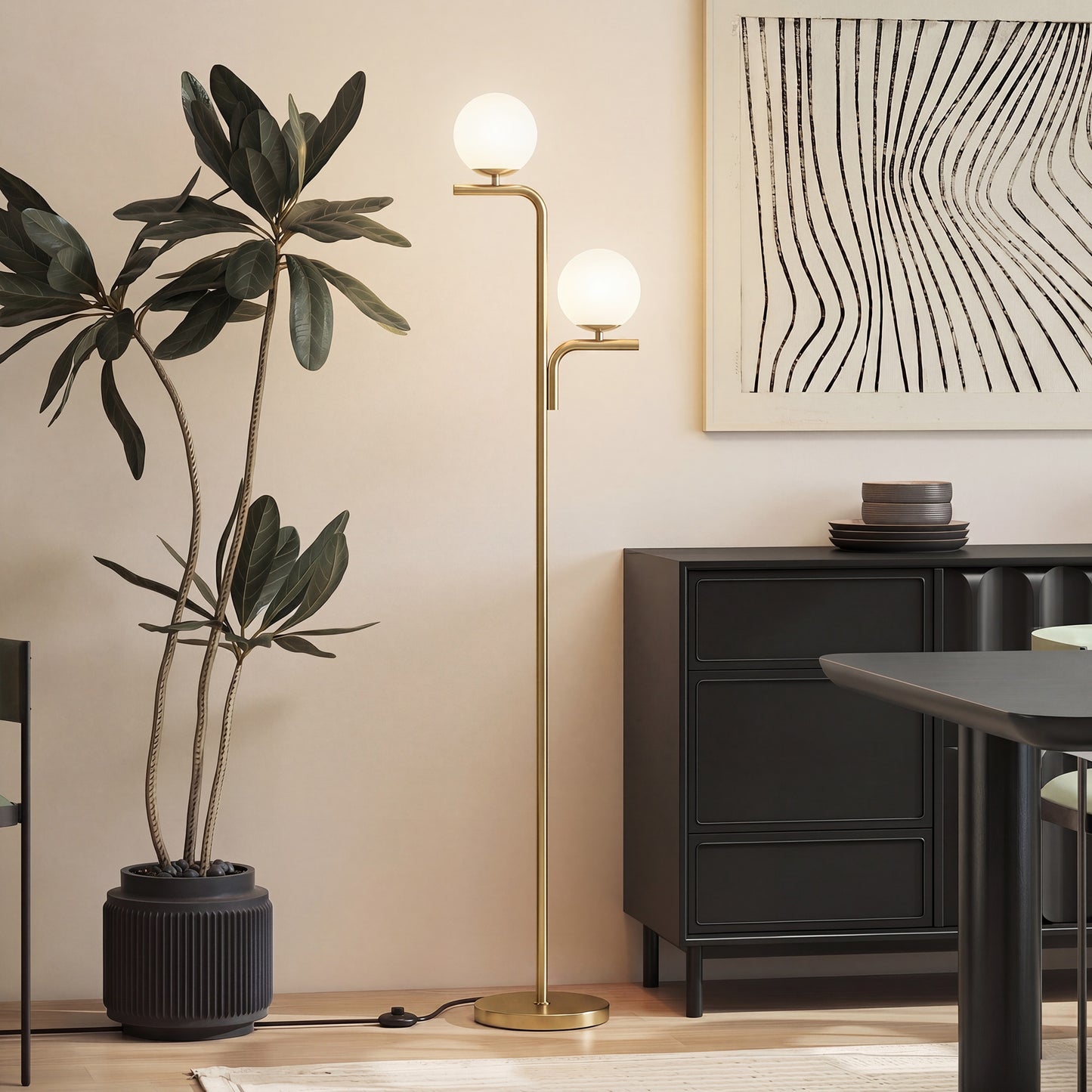 HOMCOM LED Floor Lamp Three Colour Temperatures Modern Standing Lamp With Globe Glass Shades And Foot Switch Gold Tone
