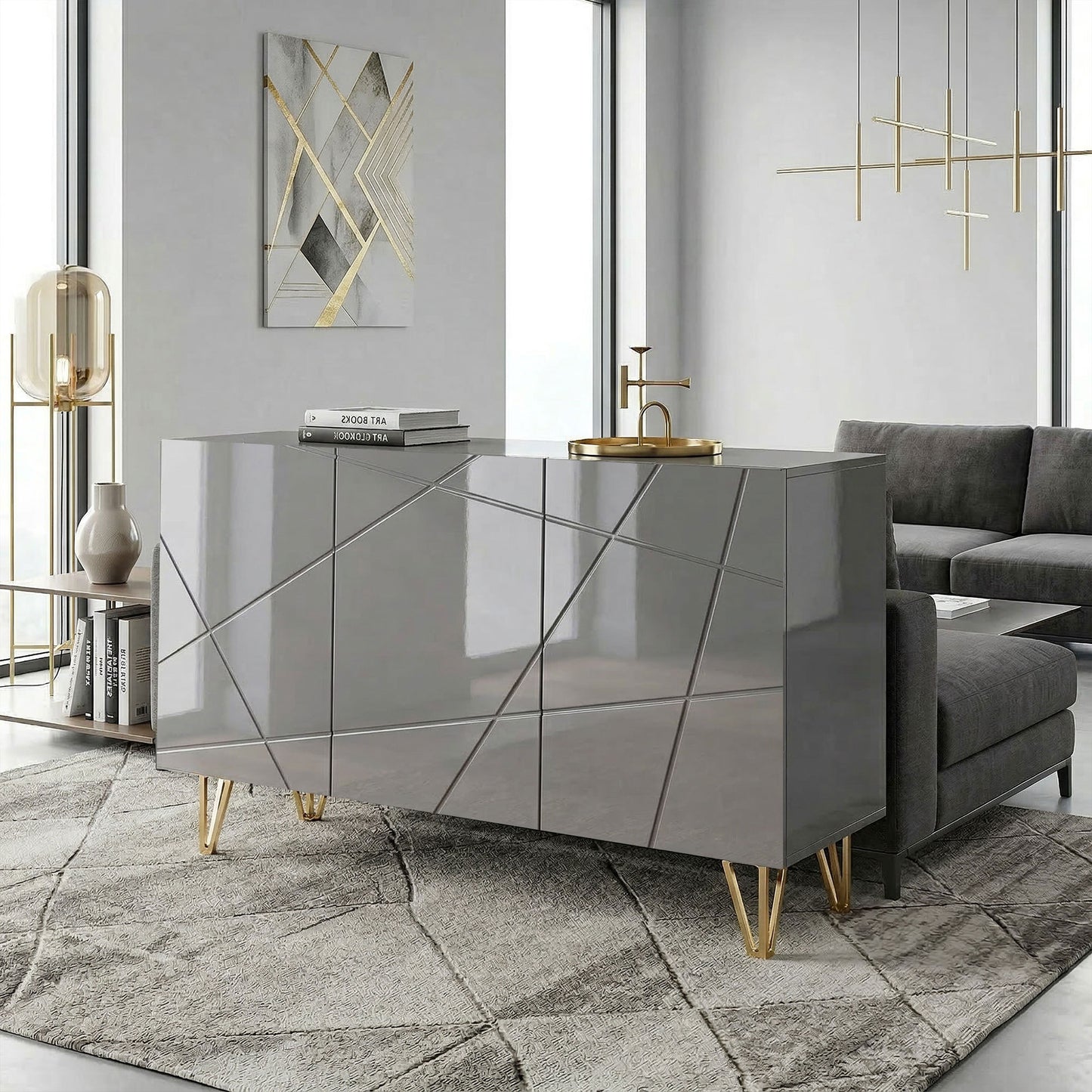 HOMCOM Modern Luxe High Gloss Sideboard with Hairpin Legs in Grey Gold Colored Finish with Two Large Storage Areas