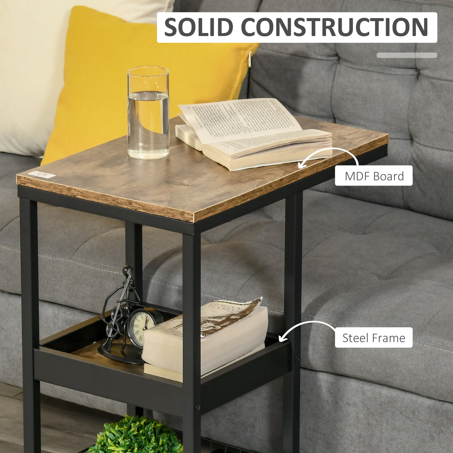 HOMCOM Mobile Sofa Side Table Set Of Two Industrial C Shaped Rolling Tables With 3 Tier Storage Dark Brown