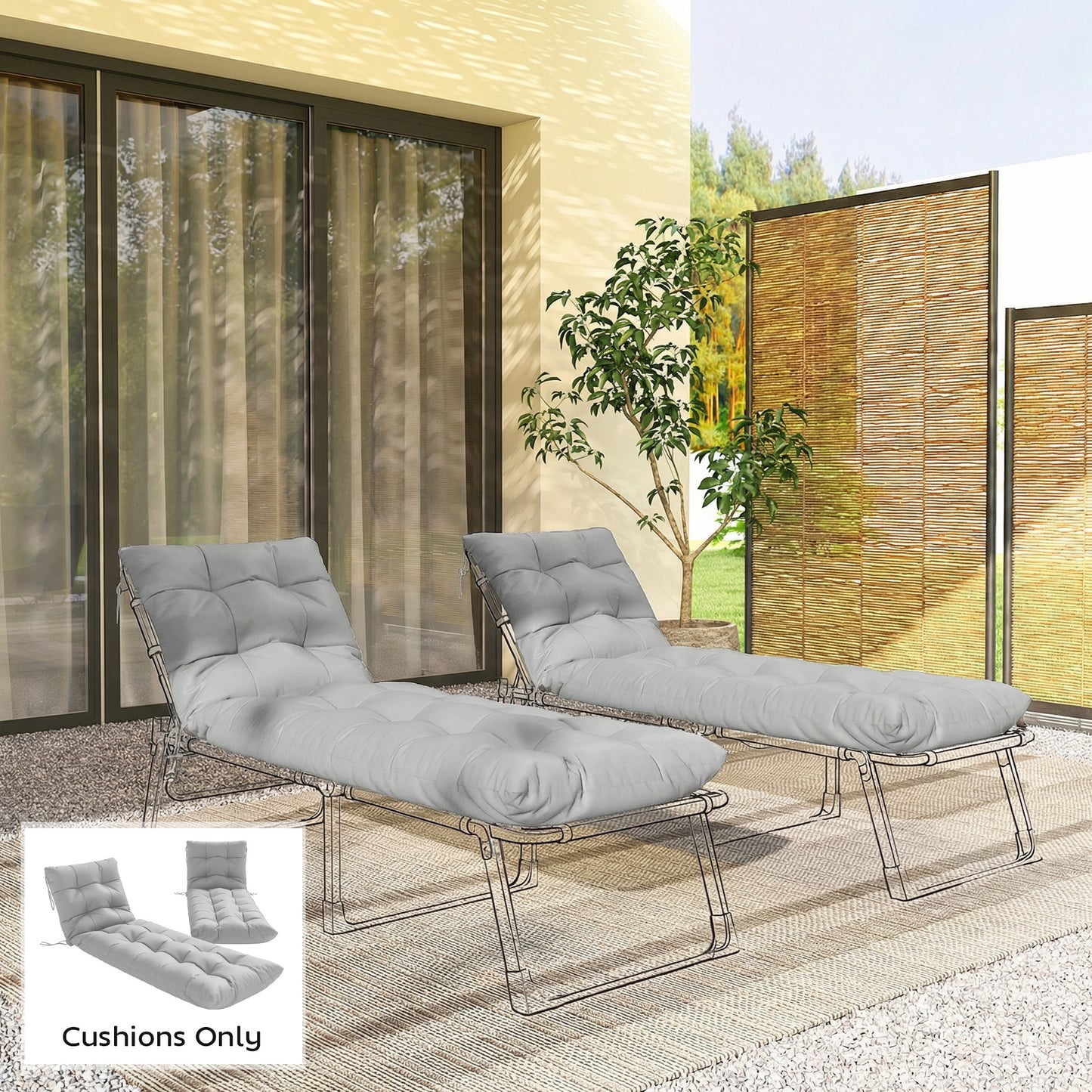 Outsunny Sun Lounger Cushions Set of 2 Light Grey Weather Resistant Replacement Pads with 4 Ties for Lounge Chairs