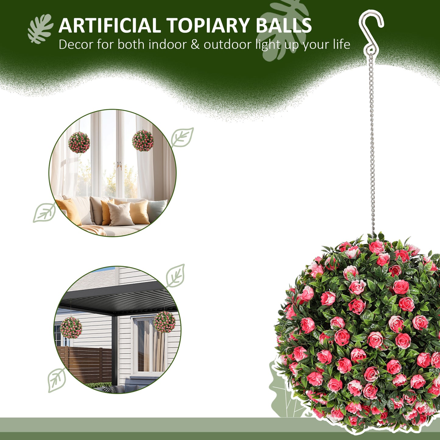 HOMCOM Set Of 2 Decorative Artificial Plants UV Protected Topiary Rose Balls For Indoor And Outdoor Decor 28cm Pink