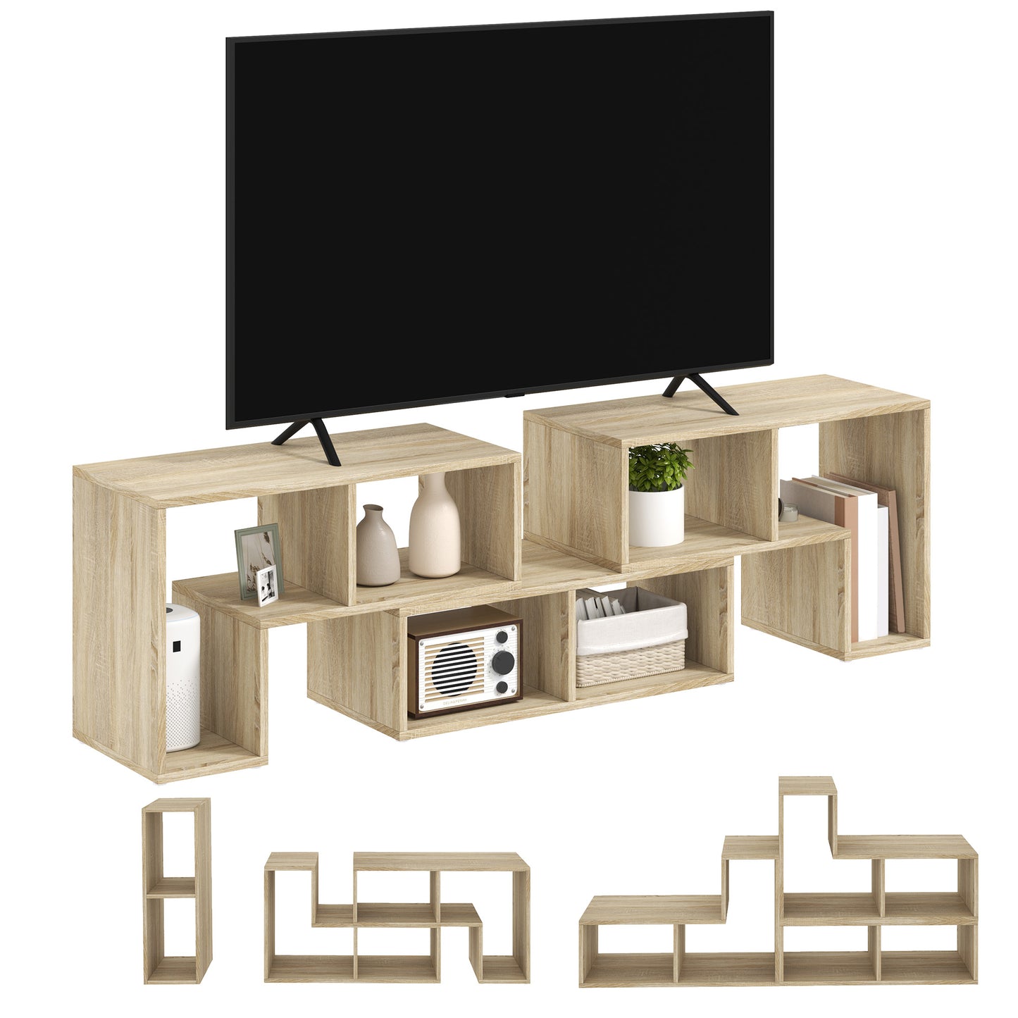 HOMCOM Three Block Modular TV Stand Grey Wood Effect with Six Shelves for Up to 75 Inch TVs