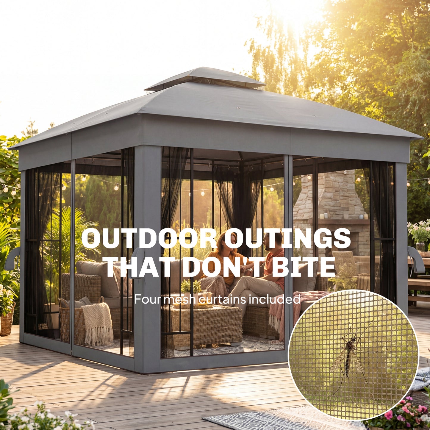 Outsunny 3 x 3 m Outdoor Garden Gazebo With Post Shelves UPF50 Plus Double Roof Permanent Pavilion Grey