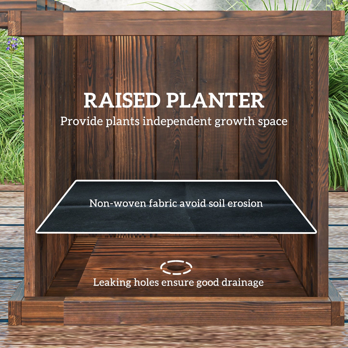 Outsunny Wooden Garden Planter And Bench Combination With Raised Bed For Patio Carbonised Finish 176 By 38 By 40 Cm