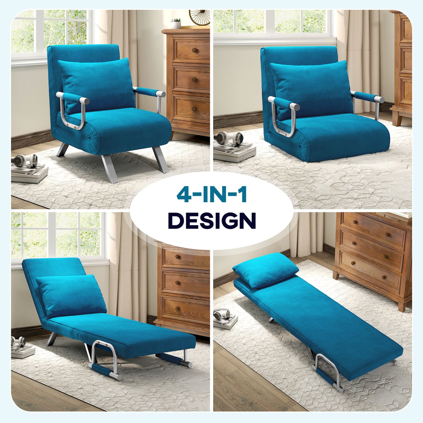 HOMCOM 4 In 1 Faux Suede Chair Bed Blue With Click Clack Design And Five Position Adjustable Back